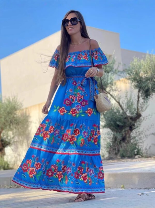 Women's Fashion Off-shoulder Red Flower Print Dress – Image 2