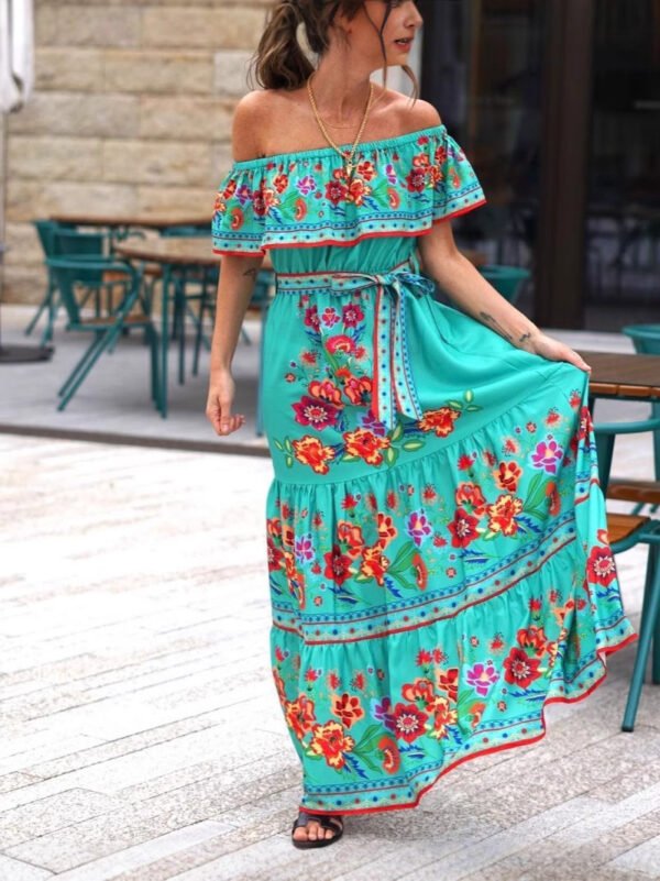 Women's Fashion Off-shoulder Red Flower Print Dress – Image 4