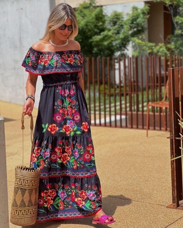 Women's Fashion Off-shoulder Red Flower Print Dress – Image 3