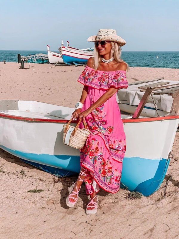 Women's Fashion Off-shoulder Red Flower Print Dress – Image 5